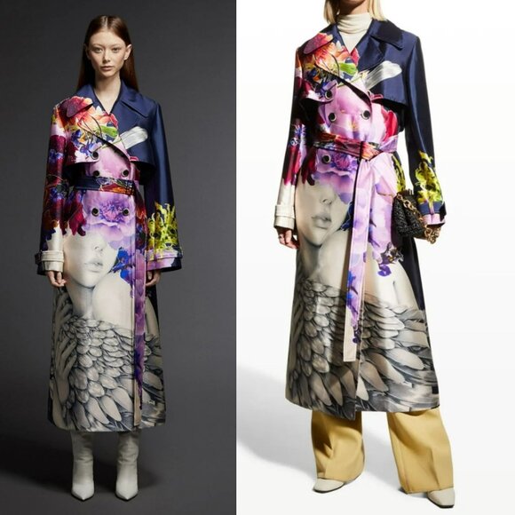 Jason Wu Mikado Purple Multi Abstract Print Silk Trench Coat Maximalist Artsy - Picture 1 of 16